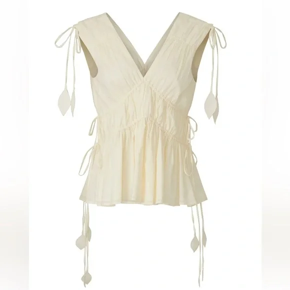 NWOT TORY BURCH Sleeveless Tie Top Smocked Peplum Ivory Shirt Blouse Size 14 - Picture 5 of 15